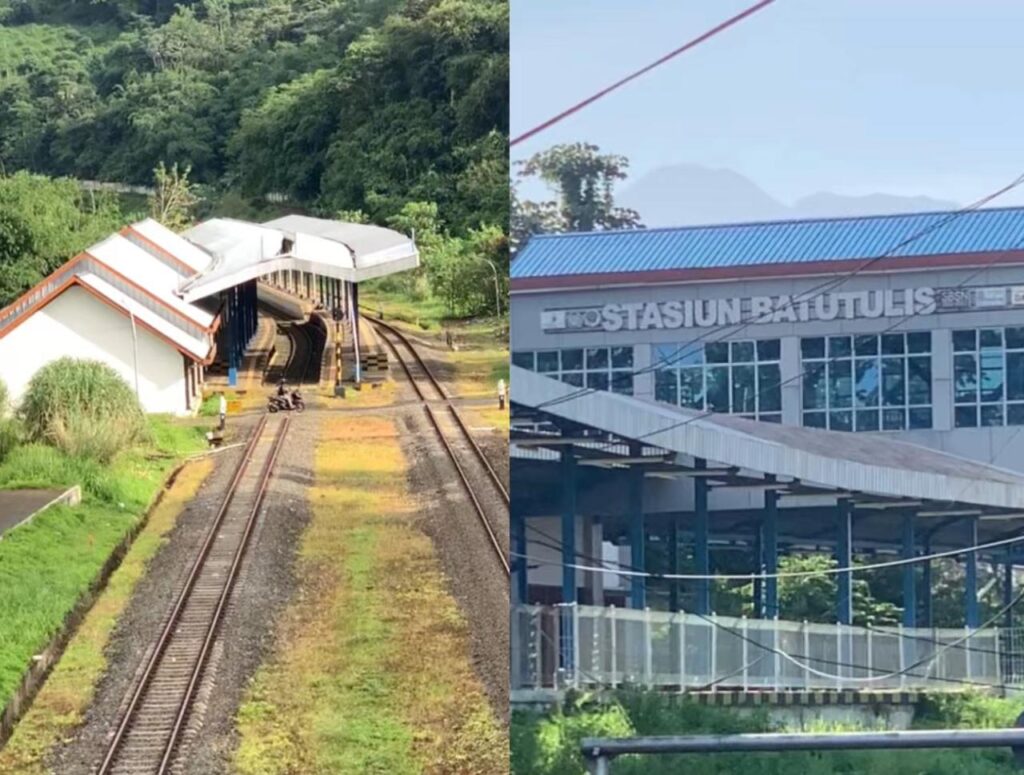 Split screen membandingkan Stasiun Ciomas yang megah tapi kosong dengan Jalan Batutulis yang longsor dan tak kunjung diperbaiki. Jarak kedua lokasi hanya 4,3 kilometer.