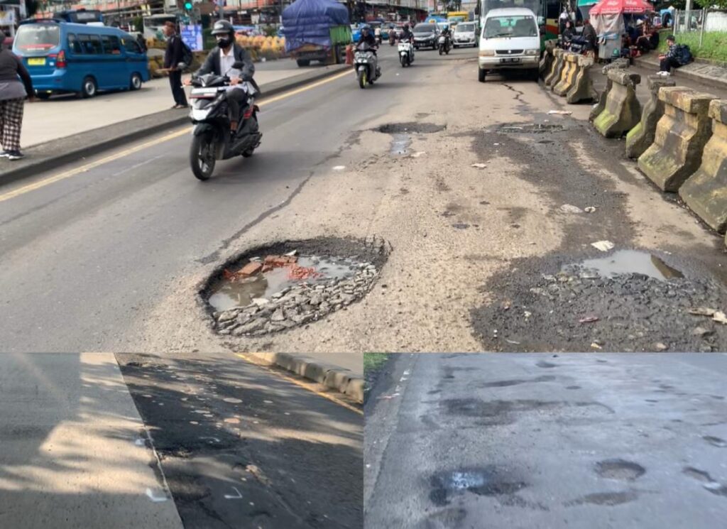 Kolase tiga foto kondisi jalan nasional di Bogor jelang H-7 Lebaran 2026. Atas: lubang besar menganga di Simpang Ciawi jalur Sukabumi. Kiri bawah: aspal mengelupas di Exit Tol Bogor dekat U-Turn Baranangsiang jalur Jakarta. Kanan bawah: jalan bergelombang di Kemang-Parung jalur Tangerang. Kondisi ini membahayakan pemudik, terutama pengendara motor.