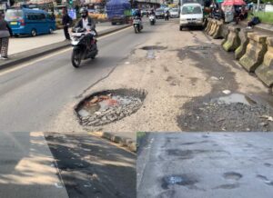 Kolase tiga foto kondisi jalan nasional di Bogor jelang H-7 Lebaran 2026. Atas: lubang besar menganga di Simpang Ciawi jalur Sukabumi. Kiri bawah: aspal mengelupas di Exit Tol Bogor dekat U-Turn Baranangsiang jalur Jakarta. Kanan bawah: jalan bergelombang di Kemang-Parung jalur Tangerang. Kondisi ini membahayakan pemudik, terutama pengendara motor.